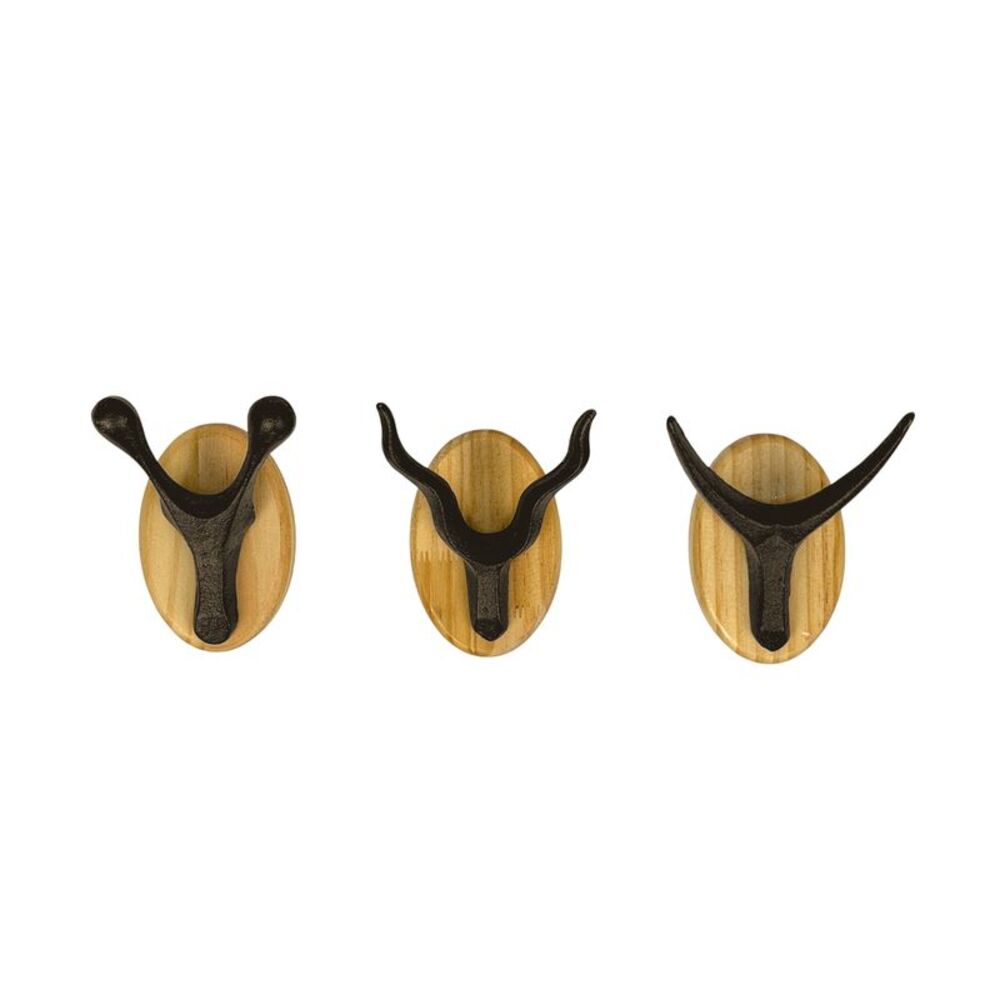 Cast Iron Antler Wall Hook Set of 3 with Wood Backs Dark Brown 3.5 Inch
